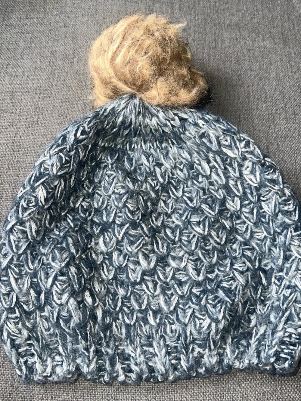 Kids Navy Marled Knit Pom Hat with Faux Fur Pom